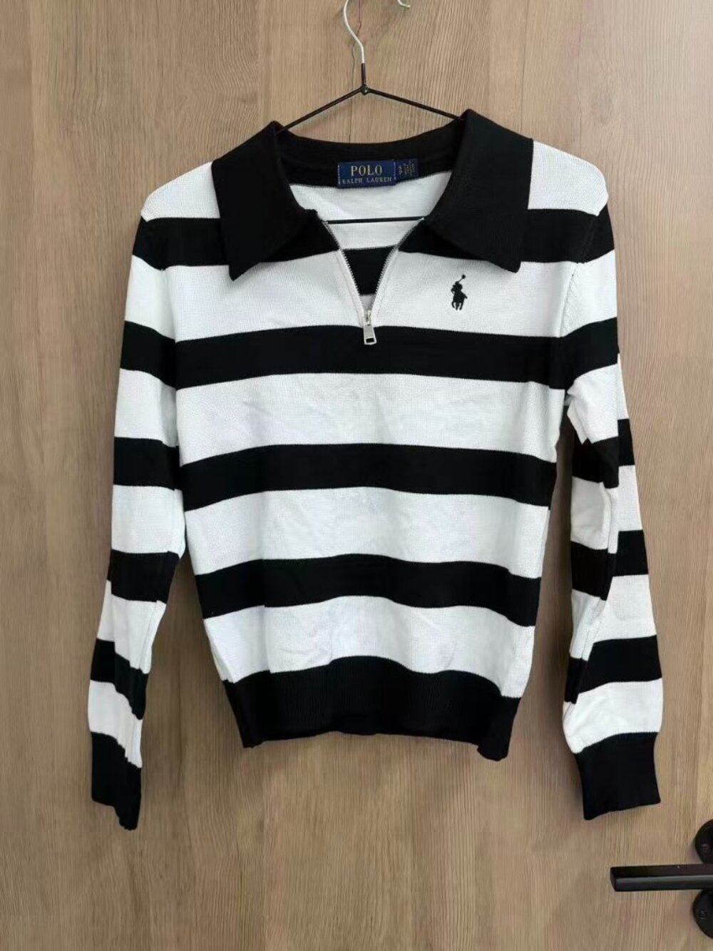 ⚫Polo Ralph Lauren Black White Stripe Half Zip Collared Knit Sweater